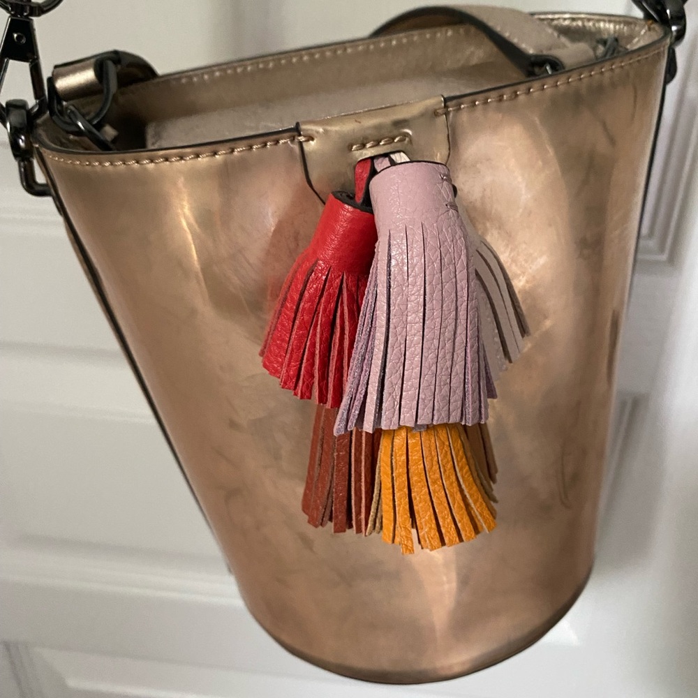 Rebecca Minkoff metallic bucket bag with tassels